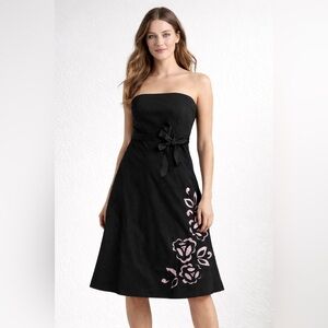 Vintage Y2K Express Black strapless midi dress pink floral‎ embroidery detail 12